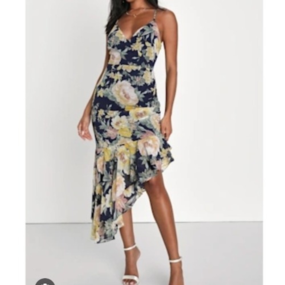 Lulus Navy Blue Floral Asymmetrical Midi Dress Spaghetti‎ Strap Ruffle Small